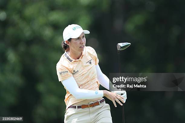 Carlota Ciganda of Spain watches her shot from the 17th hole during the final round of the Meijer LPGA Classic for Simply Give 2025 at Blythefield...