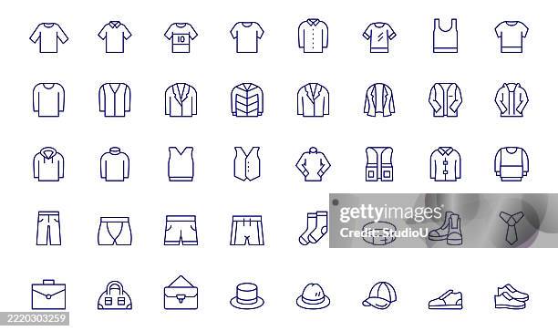 illustrations, cliparts, dessins animés et icônes de l’ensemble d’icônes de la ligne de vêtements pour hommes contient un sweat-shirt, une veste, une chemise, une chaussure, un jean et d’autres icônes. - veste-et-blouson