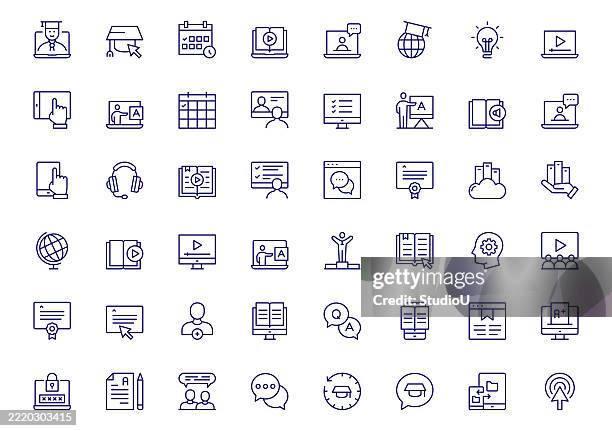 e-learning line icon set contains e-book, audiobook, virtual classroom, tutorial, web conference, and more icons. - audiobook stock illustrations