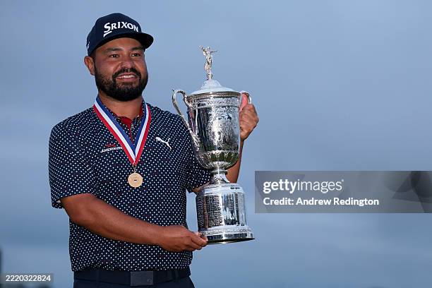Spaun of the United States poses with the trophy after winning during the final round of the 125th U.S. OPEN at Oakmont Country Club on June 15, 2025...