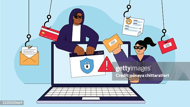 network security technology.fingerprint scanning security system screen.hacker fishing with unlocked smartphone or notebook.it security flat design concept. - code of conduct icon stock illustrations