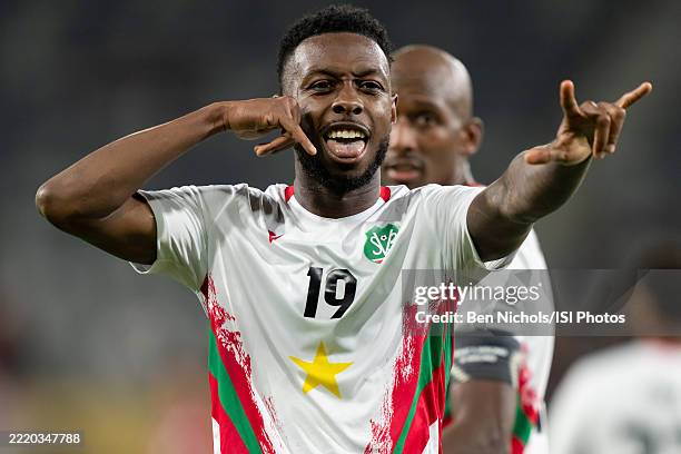 Shaquille Pinas of Suriname celebrates after scoring against Costa Rica in the Gold Cup at Snapdragon Stadium on June 15, 2025 in San Diego,...