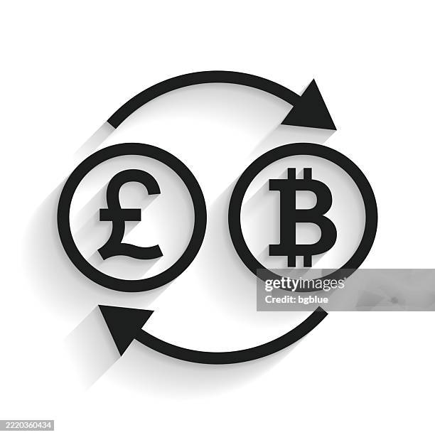 currency exchange - pound bitcoin. icon with long shadow on white background - decentralization icon stock illustrations