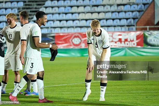 Germany U19 celebrate qualifying for the semi-finals after the Norway vs. Germany: UEFA European Under-19 Championship 2025 Group B match at...