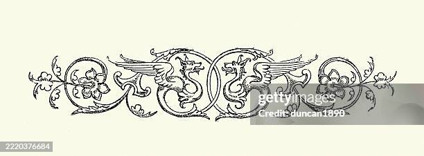 verziertes viktorianisches fantasy-designelement, drachen und blumen, holzschnitt aus dem 19. jahrhundert - drache stock-grafiken, -clipart, -cartoons und -symbole