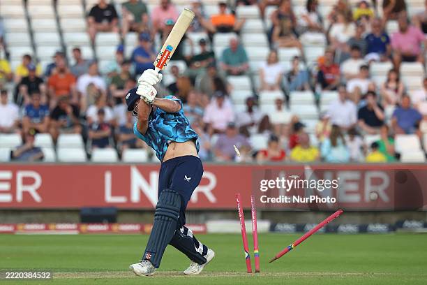 Will Sutherland of Yorkshire is bowled out by Jimmy Neesham of Durham during the Vitality T20 Blast match between Durham and Yorkshire at the Banks...