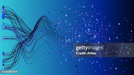 Abstract Data Visualization with Flowing Lines and Colorful Dots on Blue Abstract Data Visualization with Flowing Lines and Colorful Dots on Blue
