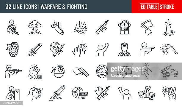 warfare and fighting thin line icons - editable stroke - icons include a soldier, war, military, weapon, explosive, protest, peace, anger - nuclear explosion icon stock illustrations