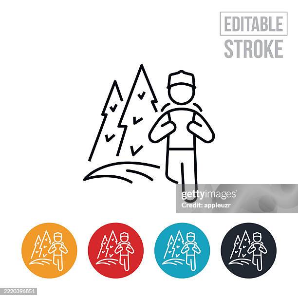 backpacker hiking in the woods thin line icon - editable stroke - backpacking mountain stock illustrations