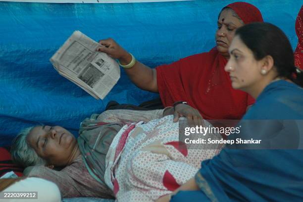 Leader of the Save Narmada River Agitation Medha Patkar on a hunger strike to stop construction of the Narmada River dam in New Delhi, April 01, 2005.
