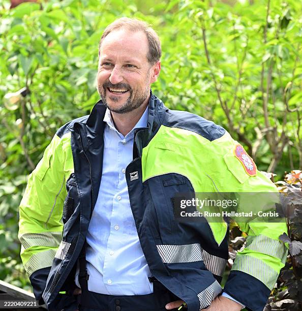 Norwegian Crown Prince Haakon visits Fredrikstad Fire Services and joins them on inspections on June 16, 2025 in Fredrikstad, Norway.
