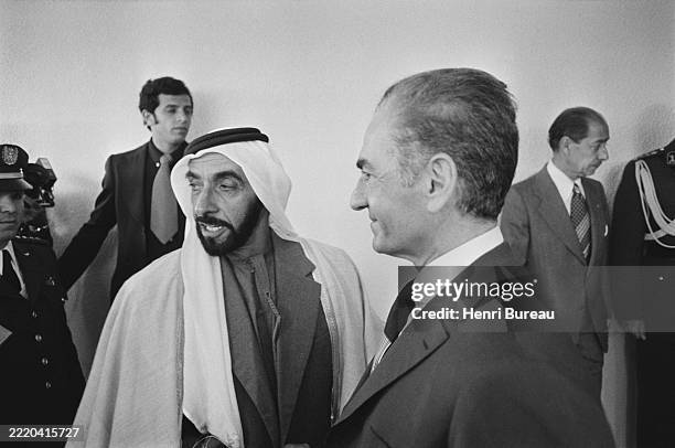 Sheikh Zayed bin Sultan Al Nahyan and Mohammad Reza Pahlavi, last Shah of Iran, at the First OPEC Summit in Algiers, 4th march 1975