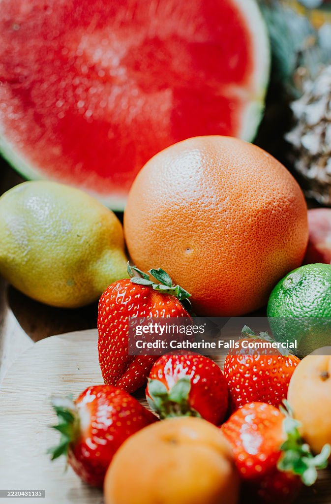 Close-up of colourful, ripe fruits