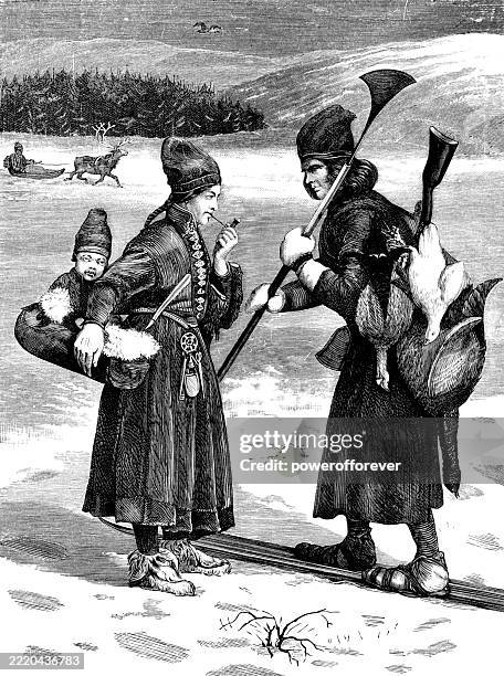 sámi family in sweden - 19th century - sami stock illustrations