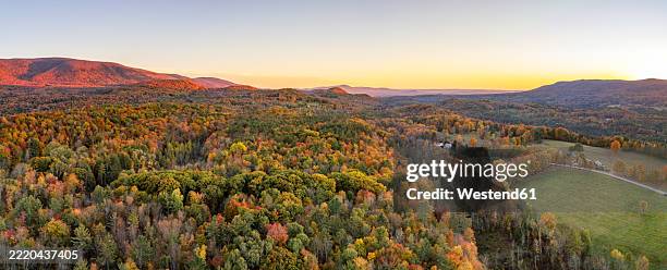 aerial view of vermont's fall foliage at sunset in pomfret, new england - vermont stock pictures, royalty-free photos & images