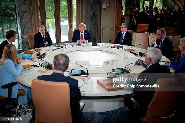 Italian Prime Minister Giorgia Meloni, French President Emmanuel Macron, Canadian Prime Minister Mark Carney, U.S. President Donald Trump, British...
