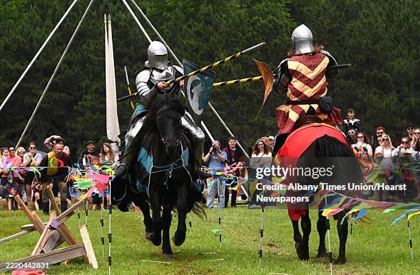 Medieval knights participate in a jousting event during the 11th NY Capital District Renaissance Festival at Indian Ladder Farms on Sunday, June 15...