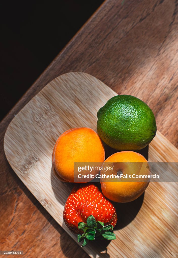 Top down image of colourful, ripe fruits
