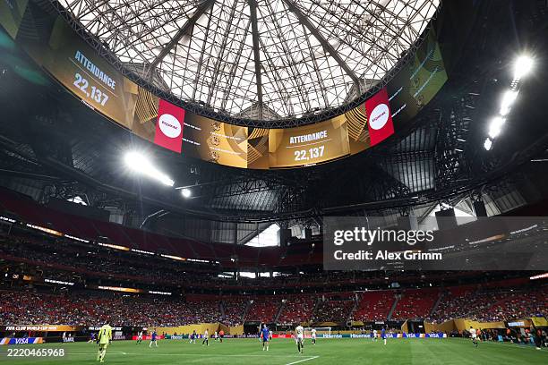 Giant screen Hisense shows attendance during the FIFA Club World Cup 2025 group D match between Chelsea FC and Los Angeles Football Club at...