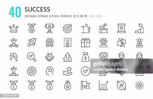 ilustraciones, imágenes clip art, dibujos animados e iconos de stock de conjunto de iconos de línea de éxito. 40 elementos gráficos vectoriales de trazo editables, píxeles perfectos. para móvil y web. - objetivo