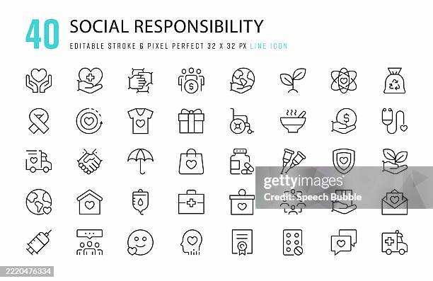 social responsibility line icon set. 40 editable stroke vector graphic elements, pixel perfect. for mobile and web. - financial wellbeing icon stock illustrations