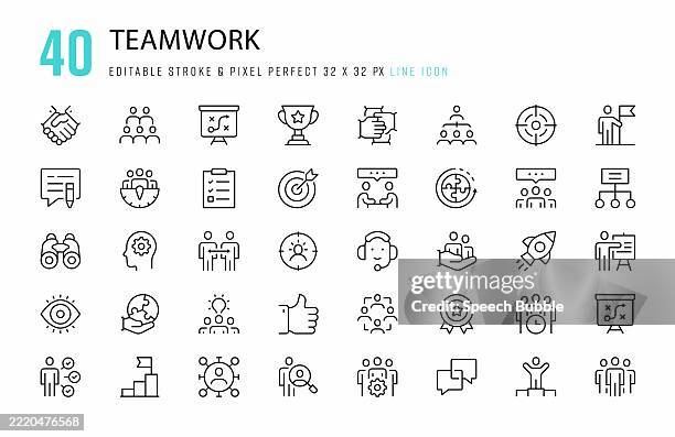 teamwork line icon set. 40 editable stroke vector graphic elements, pixel perfect. for mobile and web. - friendly staff stock illustrations