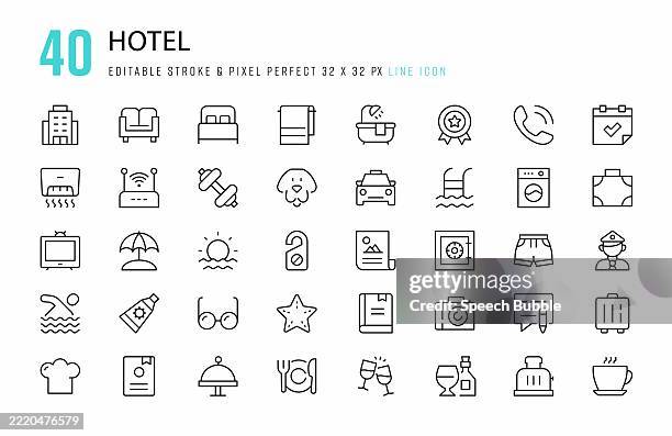 bildbanksillustrationer, clip art samt tecknat material och ikoner med hotel line icon set. 40 editable stroke vector graphic elements, pixel perfect. for mobile and web. - hotell