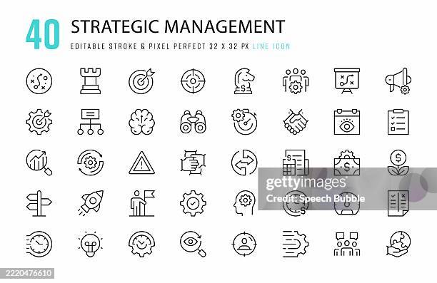 strategic management line icon set. 40 editable stroke vector graphic elements, pixel perfect. for mobile and web. - client acquisition stock illustrations