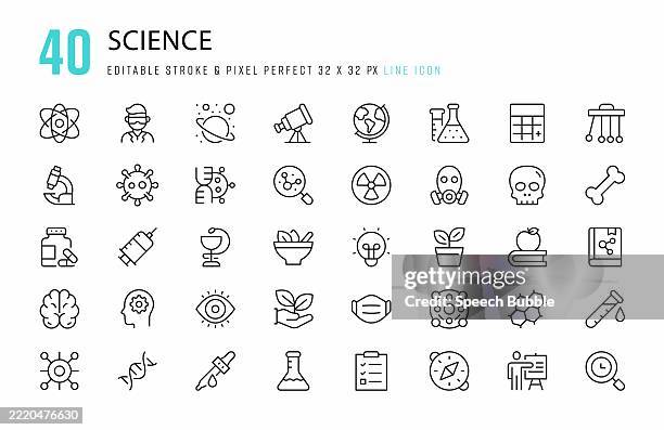 ilustraciones, imágenes clip art, dibujos animados e iconos de stock de conjunto de iconos de línea de ciencia. 40 elementos gráficos vectoriales de trazo editables, píxeles perfectos. para móvil y web. - señal de advertencia radioactiva