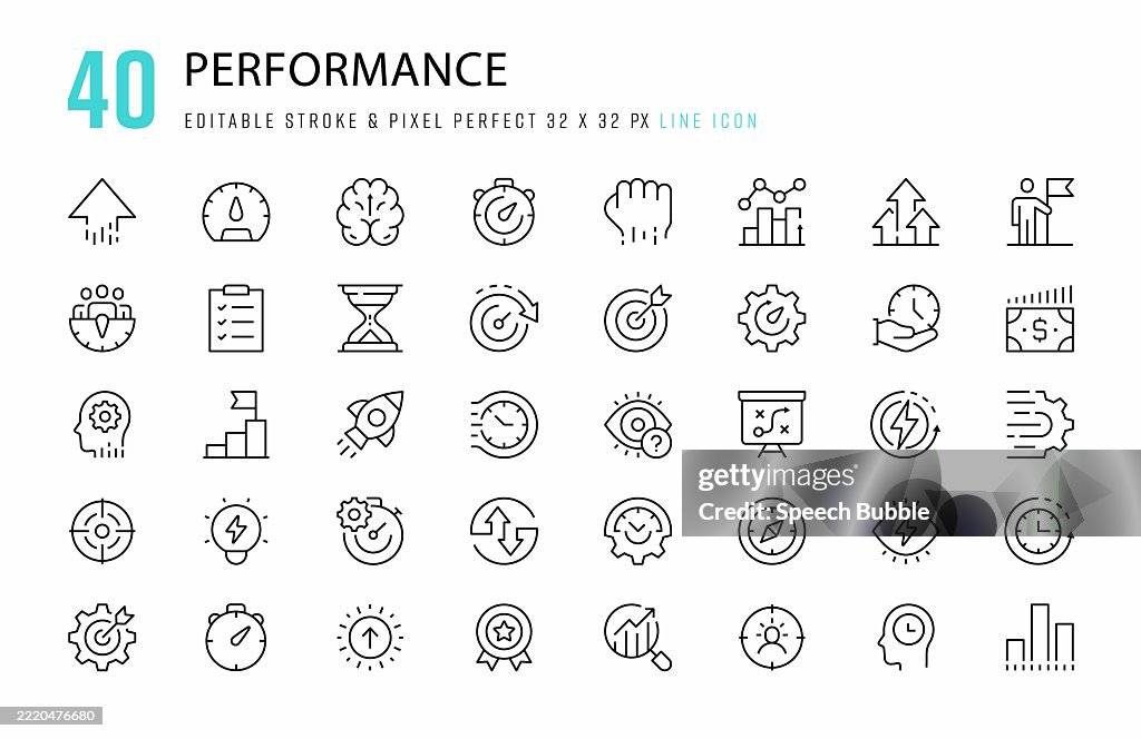 Conjunto de iconos de línea de rendimiento. 40 elementos gráficos vectoriales de trazo editables, píxeles perfectos. Para móvil y web.