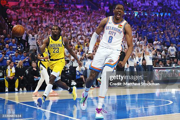 Jalen Williams of the Oklahoma City Thunder celebrates a dunk against the Indiana Pacers during the first quarter in Game Five of the 2025 NBA Finals...