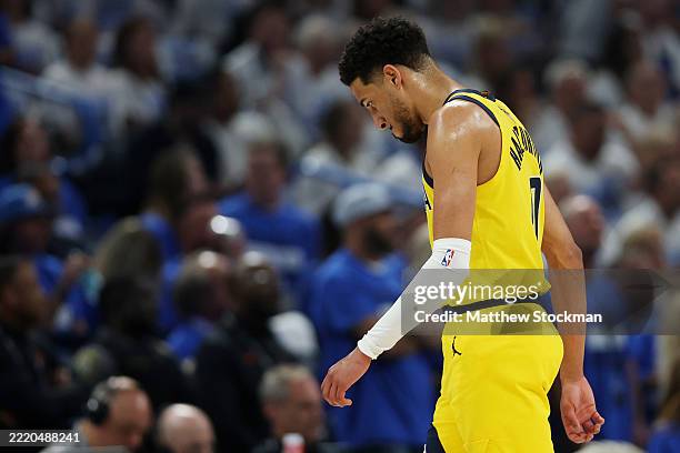 Tyrese Haliburton of the Indiana Pacers reacts during the first quarter \ao in Game Five of the 2025 NBA Finals at Paycom Center on June 16, 2025 in...