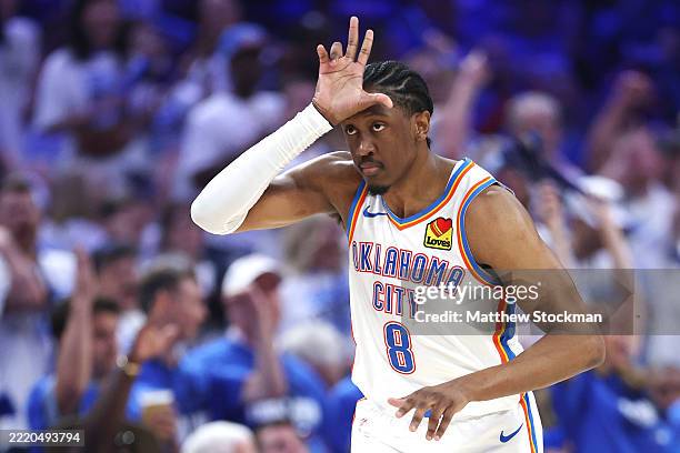 Jalen Williams of the Oklahoma City Thunder celebrates against the Indiana Pacers during the third quarter in Game Five of the 2025 NBA Finals at...