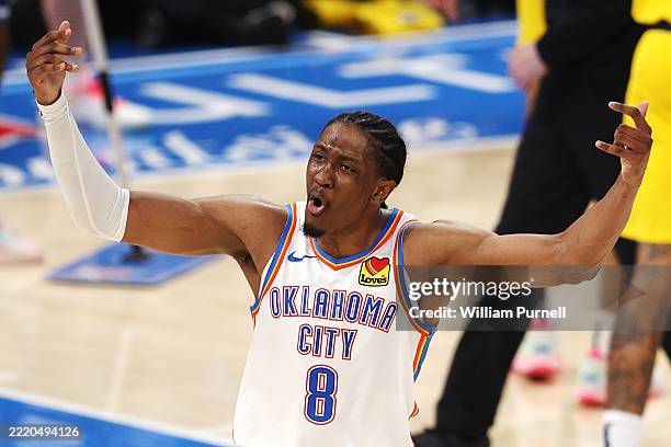 Jalen Williams of the Oklahoma City Thunder celebrates against the Indiana Pacers during the third quarter in Game Five of the 2025 NBA Finals at...
