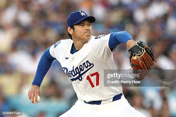 Shohei Ohtani of the Los Angeles Dodgers throws a pitch during the first inning against the San Diego Padres at Dodger Stadium on June 16, 2025 in...
