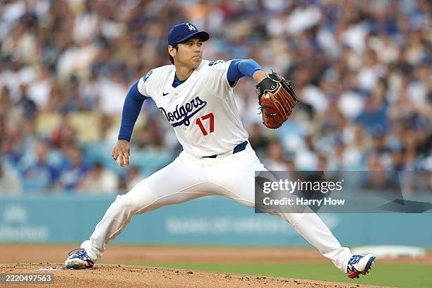 Shohei Ohtani of the Los Angeles Dodgers throws a pitch during the first inning against the San Diego Padres at Dodger Stadium on June 16, 2025 in...