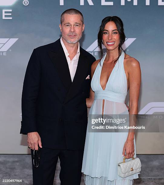 Brad Pitt and Ines de Ramon attend the Apple Original Films & Warner Bros. Pictures "F1" World Premiere in Times Square on June 16, 2025 in New York...