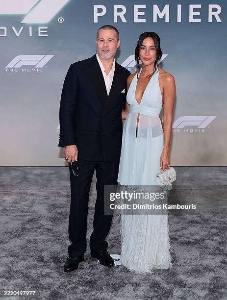 Brad Pitt and Ines de Ramon attend the Apple Original Films & Warner Bros. Pictures "F1" World Premiere in Times Square on June 16, 2025 in New York...