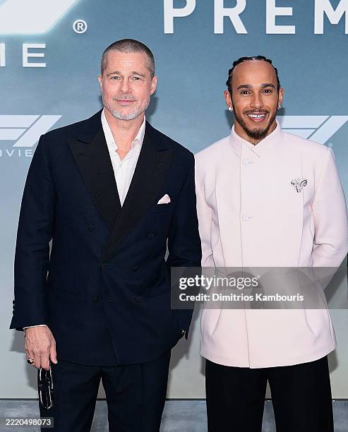 Brad Pitt and Lewis Hamilton attend the Apple Original Films & Warner Bros. Pictures "F1" World Premiere in Times Square on June 16, 2025 in New York...