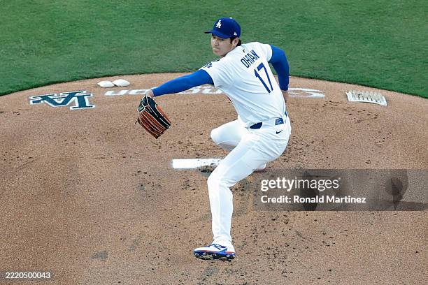 Shohei Ohtani of the Los Angeles Dodgers throws a pitch during the first inning against the San Diego Padres at Dodger Stadium on June 16, 2025 in...
