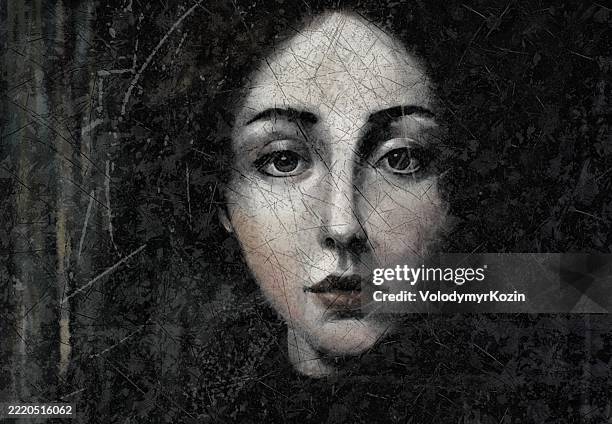 painterly textured portrait of a young woman - staring stock illustrations