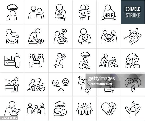 grief and mourning thin line icons - editable stroke - icons include people experiencing sadness, anguish, distress, heartbreak, death, hopelessness, remorse, negative emotions, anger, hope, healing, faith, family, man, woman, child, divorce - grief stock illustrations