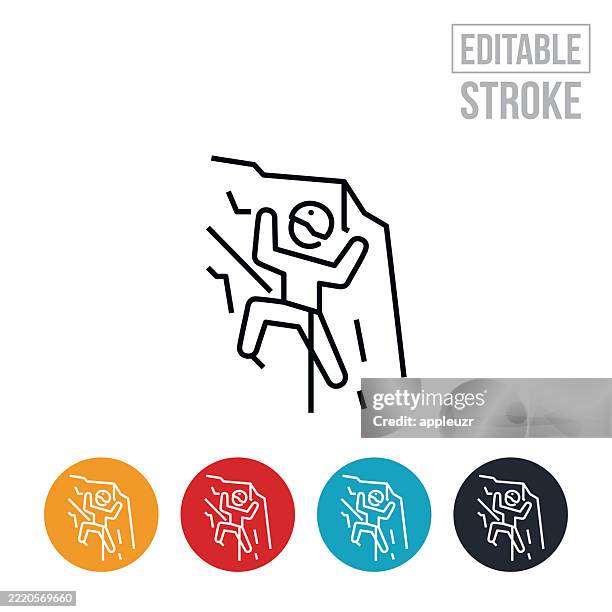 mountain climber climbing cliff face thin line icon - editable stroke - rock wall climbing stock illustrations
