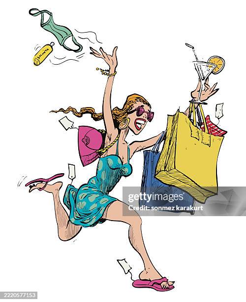 art woman on a shopping spree - tokyo shopping stock illustrations