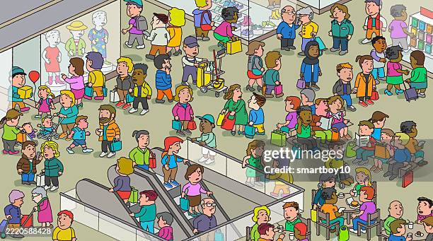 busy shopping mall - escalator advertising stock illustrations