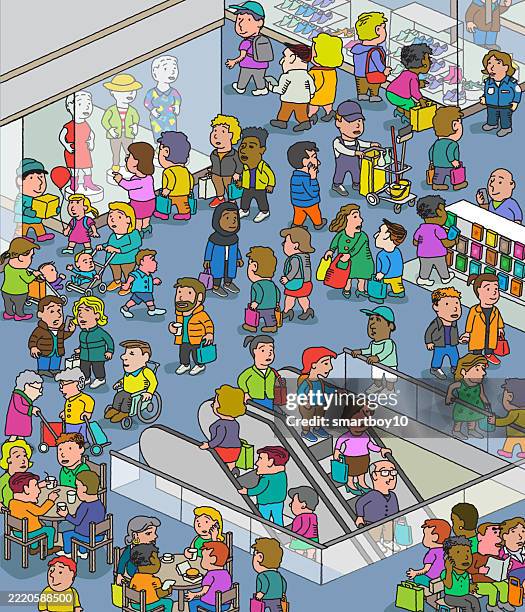 busy shopping mall - escalator stock illustrations