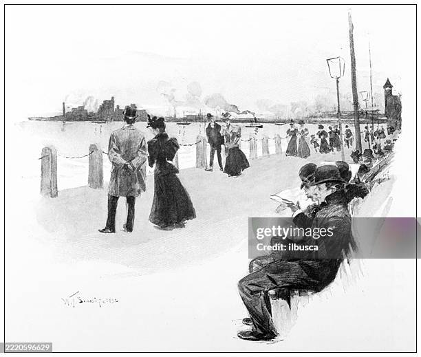 at the battery, new york - walking boardwalk stock illustrations
