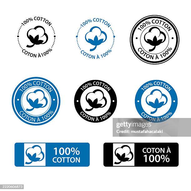 illustrations, cliparts, dessins animés et icônes de badges cent pour cent coton - cotonnier