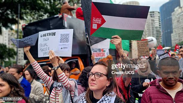 Thousands of protestors gather at Praca Roosevelt, Sao Paulo, demanding an immediate end to Israel's genocide in Gaza and a full rupture of...