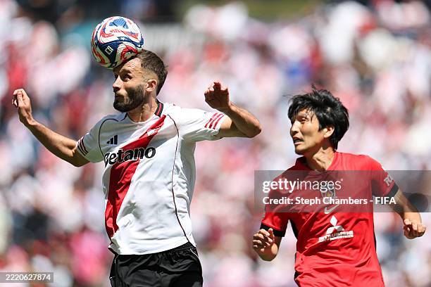 German Pezzella of CA River Plate jumps for a header during the FIFA Club World Cup 2025 group E match between CA River Plate and Urawa Red Diamonds...